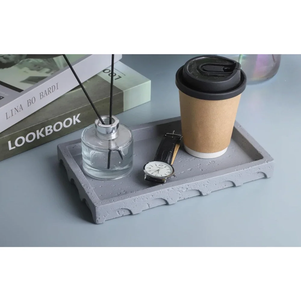 Decorative Tray with Semi-Circular Pattern - Rectangular Concrete 9.8X5.8X1.2 in